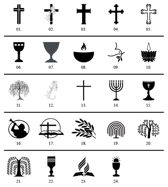 szimbólumok ikonok gyászjelentésre, a gyászjelentések kiegészítője, sok féle minta, szimbólum választható